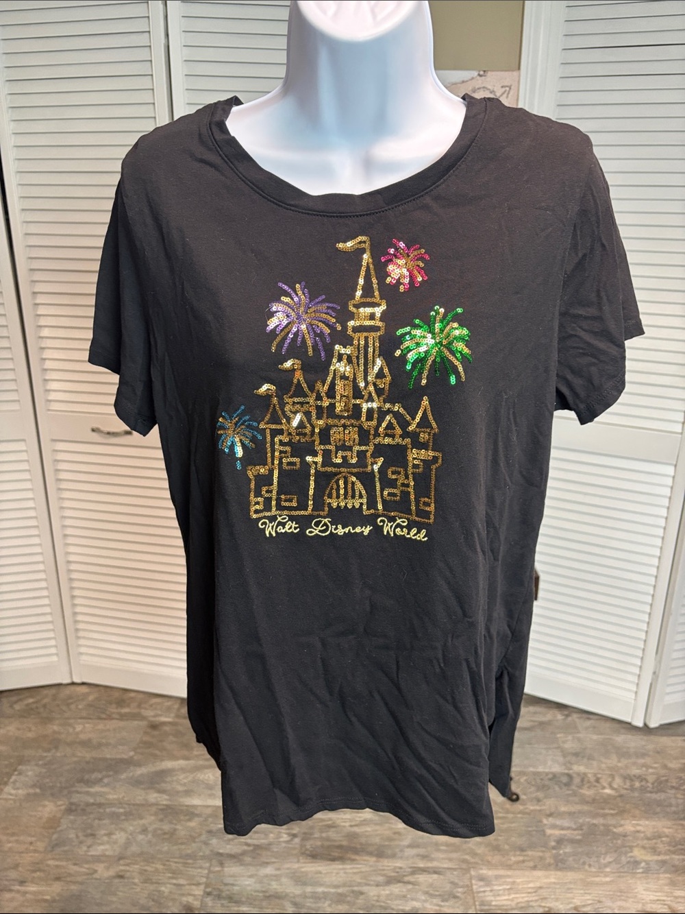 Disney Black Tee with Gold Sequin Castle and Colorful Fireworks